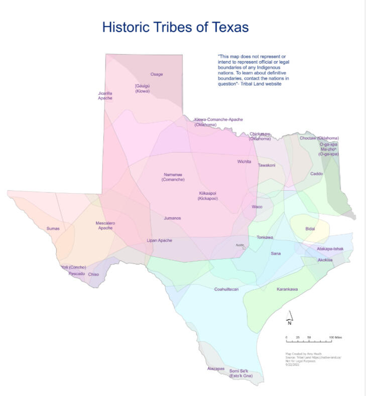 A map of Texas that shows the American Indian tribes and their regions in overlapping colors.